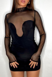 Black Sexy Solid Mesh Half A Turtleneck Pencil Skirt Dresses