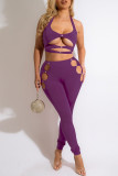 Purple Sexy Solid Hollowed Out Split Joint Halter Sleeveless Two Pieces
