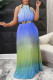 Light Blue Fashion Casual Gradual Change Print Backless Fold Half A Turtleneck Pleated Dresses (Without Belt)