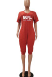 Red Casual Print Patchwork V Neck Straight Rompers