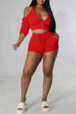 Red Fashion Casual Solid Backless Fold Half A Turtleneck Half Sleeve Two Pieces