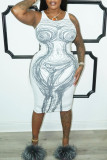 White Sexy Print Patchwork U Neck Vest Dress Dresses