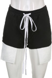 Black Casual Patchwork Draw String Slit Straight Straight Solid Color Bottoms