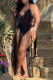 Black Sexy Solid Tassel Bandage Hollowed Out Backless Swimwears Cover Up