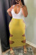 Yellow Sexy Casual Solid Hollowed Out Patchwork V Neck Vest Dress