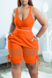 Tangerine Red Sexy Solid Patchwork U Neck Sleeveless Two Pieces