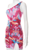 Pink Sexy Print Patchwork One Shoulder Pencil Skirt Dresses