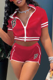 Red Fashion Casual Letter Embroidery Patchwork Zipper Collar Short Sleeve Two Pieces