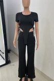 Rose Red Casual Solid Hollowed Out Patchwork Slit O Neck Short Sleeve Two Pieces