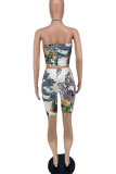 Blue Fashion Sexy Print Bandage Hollowed Out Backless Halter Sleeveless Two Pieces