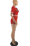 Red Fashion Casual Letter Embroidery Patchwork Zipper Collar Short Sleeve Two Pieces