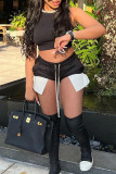 Black Casual Patchwork Draw String Slit Straight Straight Solid Color Bottoms