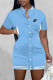 Sky Blue Fashion Sportswear Print Patchwork Mandarin Collar One Step Skirt Dresses