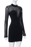 Black Sexy Solid Mesh Half A Turtleneck Pencil Skirt Dresses