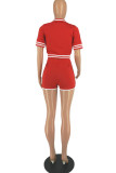 Red Fashion Casual Letter Embroidery Patchwork Zipper Collar Short Sleeve Two Pieces