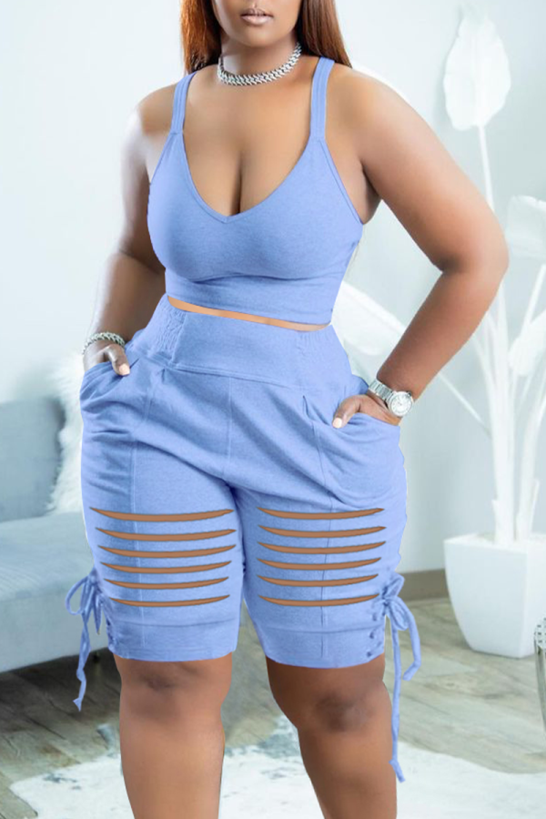 Light Blue Sexy Solid Patchwork U Neck Sleeveless Two Pieces