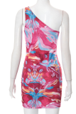 Pink Sexy Print Patchwork One Shoulder Pencil Skirt Dresses