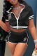Black Fashion Casual Letter Embroidery Patchwork Zipper Collar Short Sleeve Two Pieces