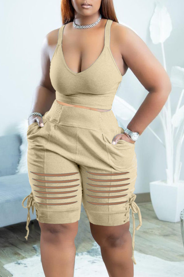 Khaki Sexy Solid Patchwork U Neck Sleeveless Two Pieces