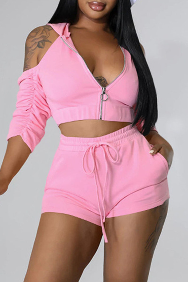 Pink Fashion Casual Solid Backless Fold Half A Turtleneck Half Sleeve Two Pieces