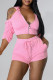 Pink Fashion Casual Solid Backless Fold Half A Turtleneck Half Sleeve Two Pieces