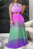 Purple Fashion Casual Gradual Change Print Backless Fold Half A Turtleneck Pleated Dresses (Without Belt)