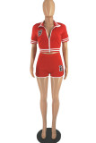 Red Fashion Casual Letter Embroidery Patchwork Zipper Collar Short Sleeve Two Pieces