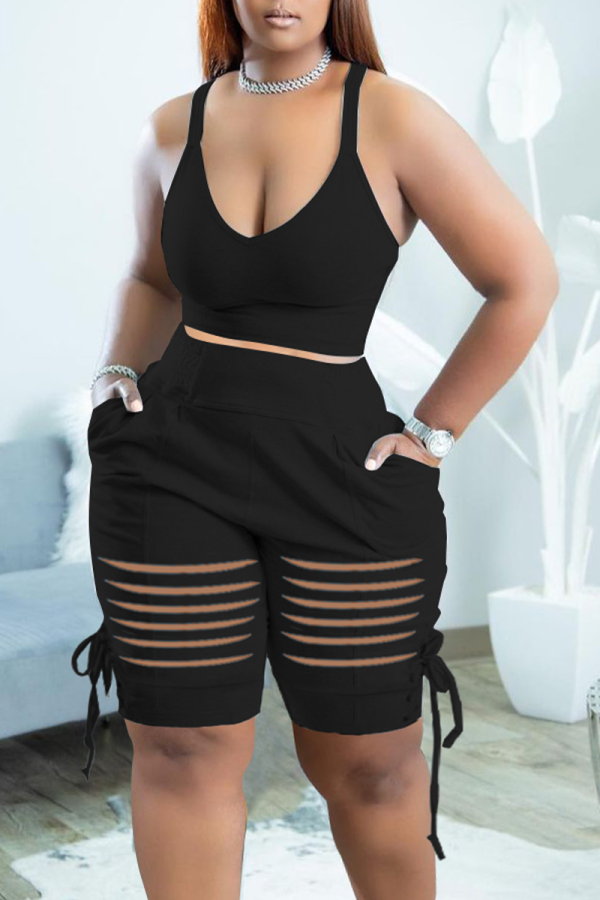 Black Sexy Solid Patchwork U Neck Sleeveless Two Pieces