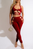 Red Sexy Solid Hollowed Out Split Joint Halter Sleeveless Two Pieces