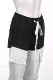 Black Casual Patchwork Draw String Slit Straight Straight Solid Color Bottoms
