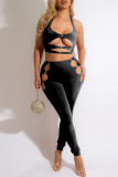 Black Sexy Solid Hollowed Out Split Joint Halter Sleeveless Two Pieces