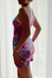 Pink Sexy Print Patchwork One Shoulder Pencil Skirt Dresses