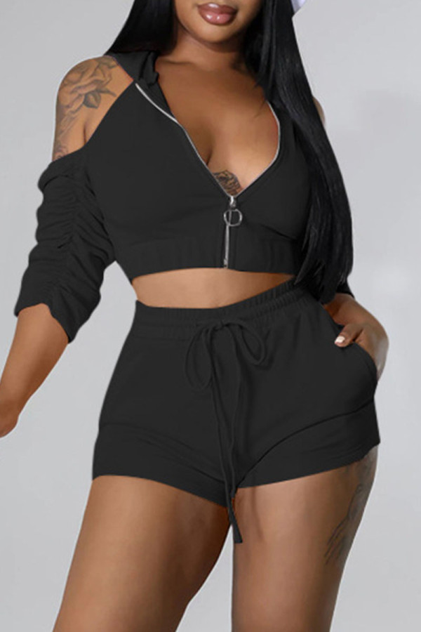 Black Fashion Casual Solid Backless Fold Half A Turtleneck Half Sleeve Two Pieces