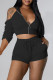 Black Fashion Casual Solid Backless Fold Half A Turtleneck Half Sleeve Two Pieces