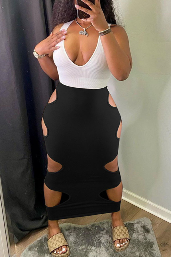 Black Sexy Casual Solid Hollowed Out Patchwork V Neck Vest Dress