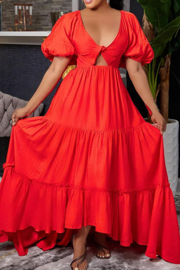 Red Sexy Solid Bandage Patchwork Backless Fold V Neck Evening Dress Dresses