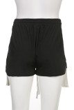 Black Casual Patchwork Draw String Slit Straight Straight Solid Color Bottoms