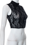Black Sexy Patchwork Mesh Half A Turtleneck Tops