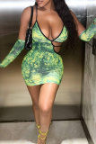 Green Sexy Print Patchwork Spaghetti Strap Pencil Skirt Dresses