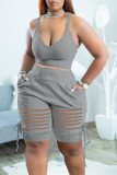 Grey Sexy Solid Patchwork U Neck Sleeveless Two Pieces