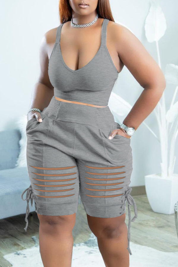 Grey Sexy Solid Patchwork U Neck Sleeveless Two Pieces