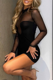 Black Sexy Solid Mesh Half A Turtleneck Pencil Skirt Dresses