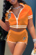 Orange Fashion Casual Letter Embroidery Patchwork Zipper Collar Short Sleeve Two Pieces