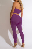 Purple Sexy Solid Hollowed Out Split Joint Halter Sleeveless Two Pieces