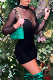 Black Sexy Solid Mesh Half A Turtleneck Pencil Skirt Dresses