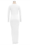 White Fashion Casual Solid Basic Square Collar Long Sleeve Dresses