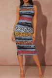 Apricot Fashion Casual Print Basic Half A Turtleneck Sleeveless Dress