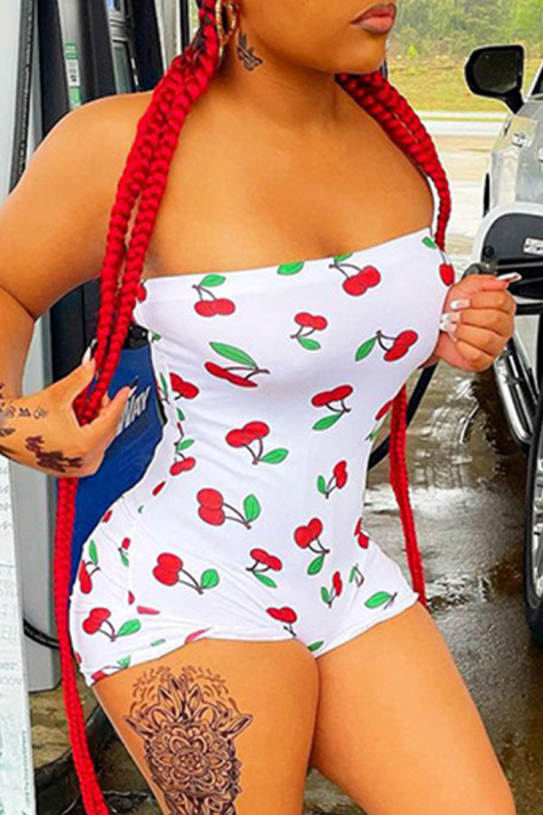 White Fashion Casual Print Backless Strapless Skinny Romper