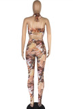 Apricot Fashion Sexy Print Bandage Backless Strapless Sleeveless Two Pieces