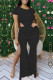 Black Casual Solid Hollowed Out Patchwork Slit O Neck Short Sleeve Two Pieces